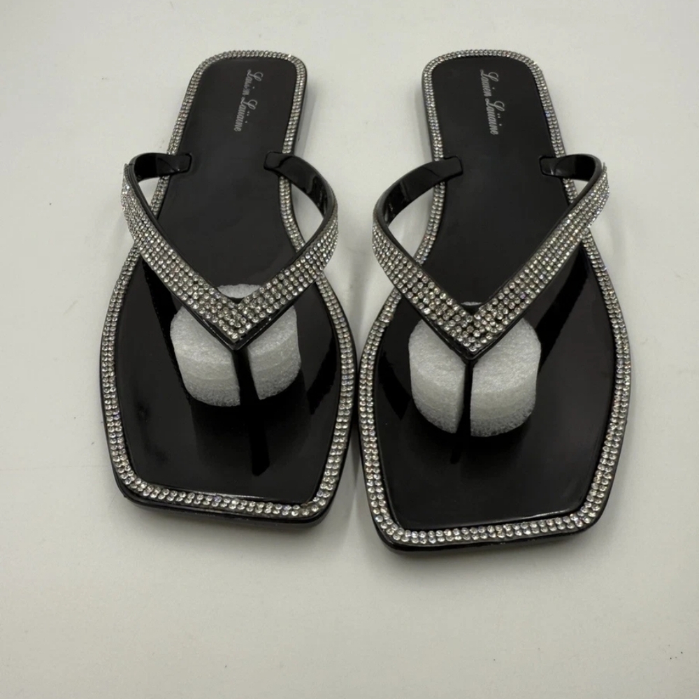 Lauren Lorraine Jellys Thong Sandal Square Toe W10 Rhinestones Tampa Black NEW - Picture 3 of 4